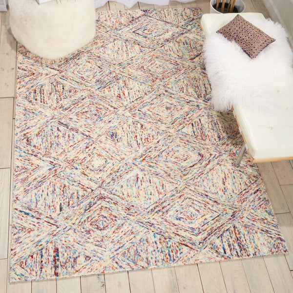 HomeRoots 8' Wool Geometric Area Rug in Bold Ivory, Red, and Blue - Modern Style for Living Spaces and More 4' X 6' 554884