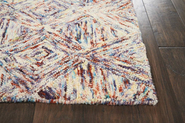 HomeRoots 8' Wool Geometric Area Rug in Bold Ivory, Red, and Blue - Modern Style for Living Spaces and More 4' X 6' 554884