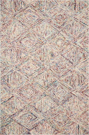HomeRoots 8' Wool Geometric Area Rug in Bold Ivory, Red, and Blue - Modern Style for Living Spaces and More 4' X 6' 554884