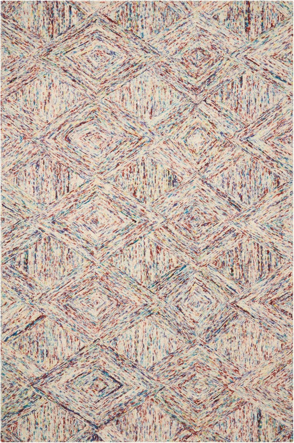 HomeRoots 8' Wool Geometric Area Rug in Bold Ivory, Red, and Blue - Modern Style for Living Spaces and More 4' X 6' 554884