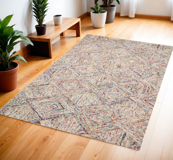 Homeroots 4' X 6' Ivory Red And Blue Wool Geometric Area Rug  Wool 554884