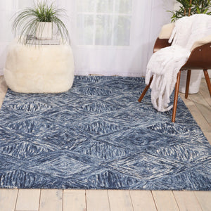 HomeRoots 8' Geometric Wool Area Rug in Denim Blue and Ivory – Stylish, Cozy, Perfect for Any Room Decor 4' X 6' 554887