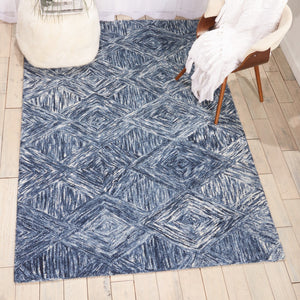 HomeRoots 8' Geometric Wool Area Rug in Denim Blue and Ivory – Stylish, Cozy, Perfect for Any Room Decor 4' X 6' 554887