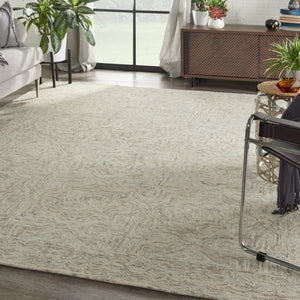 HomeRoots 5' Ivory and Blue Wool Geometric Area Rug – Modern Bohemian Style for Cozy Living Spaces and More 8' X 11' 554889