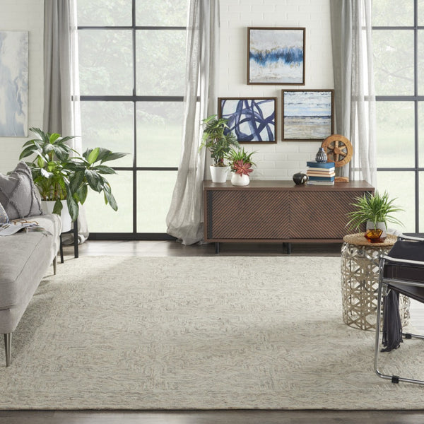 HomeRoots 5' Ivory and Blue Wool Geometric Area Rug – Modern Bohemian Style for Cozy Living Spaces and More 8' X 11' 554889