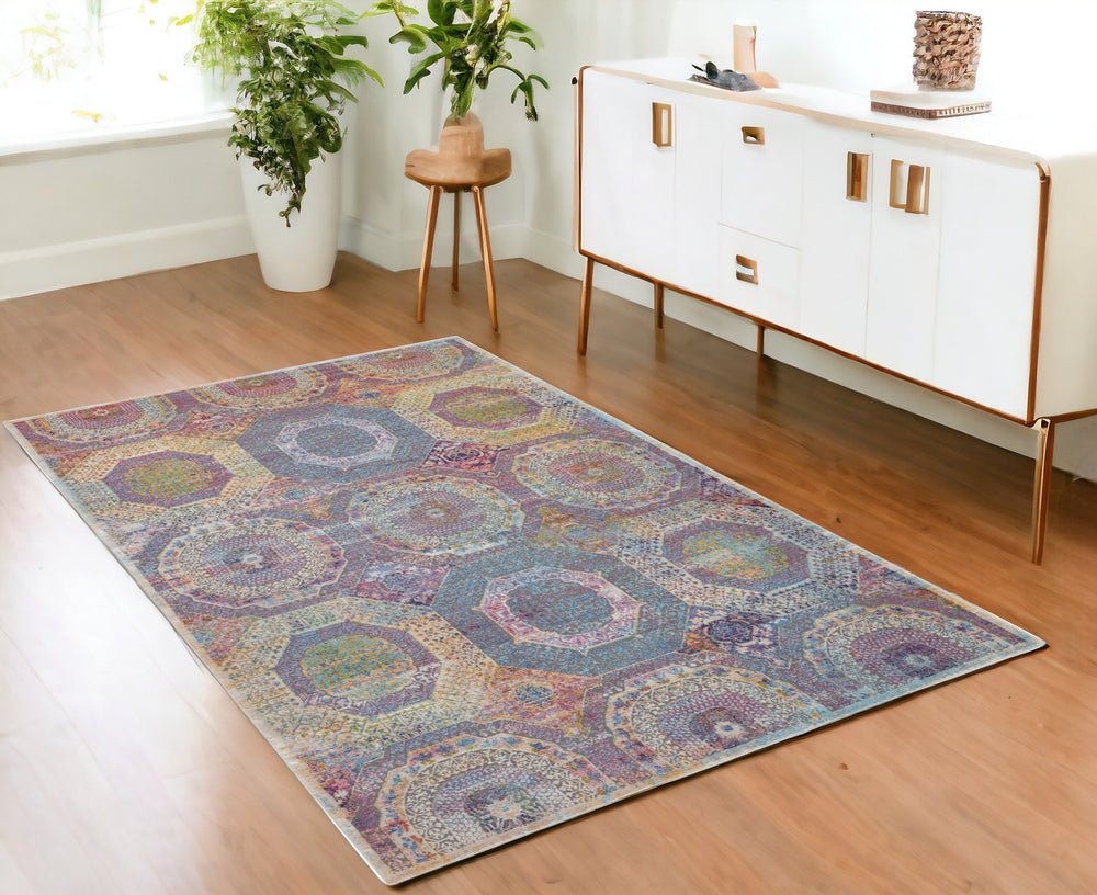 Homeroots 4' X 6' Blue Red And Orange Geometric Non Skid Area Rug  Polypropylene 554928