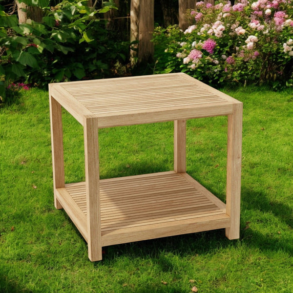 Homeroots 22" Natural Square Solid Wood Outdoor Side Table - Stylish, Durable, Two-tiered Storage For Your Patio   554934