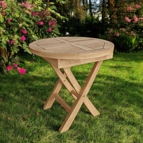 Homeroots 20" Natural Rounded Solid Wood Folding Outdoor Side Table – Elegant, Durable, And Space-saving Design   554935