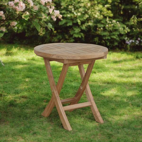 Homeroots 20" Natural Rounded Solid Wood Folding Outdoor Side Table – Elegant, Durable, And Space-saving Design   554936