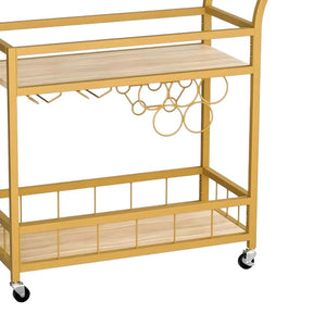 Homeroots 27" Gold Metal Rolling Bar Cart With Wood Top & Wine Storage – Stylish, Mobile Entertaining Solution   554938