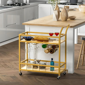 Homeroots 27" Gold Metal Rolling Bar Cart With Wood Top & Wine Storage – Stylish, Mobile Entertaining Solution   554938