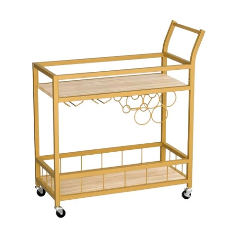 Homeroots 27" Gold Metal Rolling Bar Cart With Wood Top & Wine Storage – Stylish, Mobile Entertaining Solution   554938