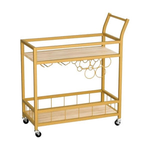 Homeroots 27" Gold Metal Rolling Bar Cart With Wood Top & Wine Storage – Stylish, Mobile Entertaining Solution   554938