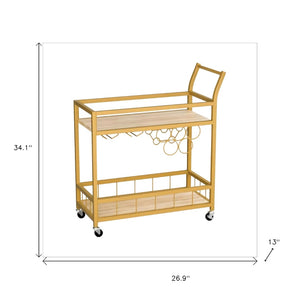 Homeroots 27" Gold Metal Rolling Bar Cart With Wood Top & Wine Storage – Stylish, Mobile Entertaining Solution   554938