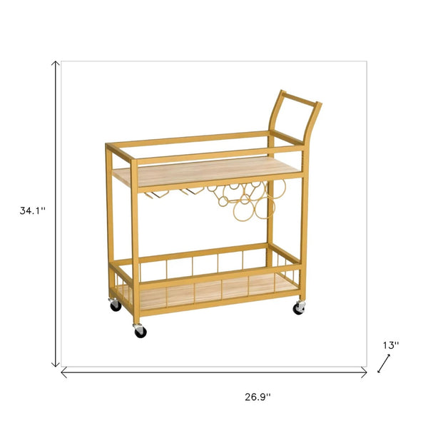 Homeroots 27" Gold Metal Rolling Bar Cart With Wood Top & Wine Storage – Stylish, Mobile Entertaining Solution   554938