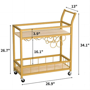Homeroots 27" Gold Metal Rolling Bar Cart With Wood Top & Wine Storage – Stylish, Mobile Entertaining Solution   554938