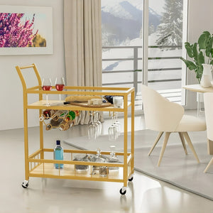 Homeroots 27" Gold Metal Rolling Bar Cart With Wood Top & Wine Storage – Stylish, Mobile Entertaining Solution   554938