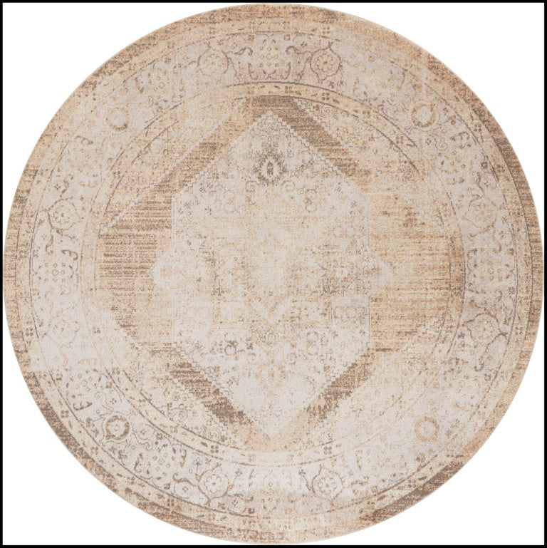 HomeRoots 8 Foot Round Floral Medallion Polyester Area Rug with Distressed Vintage Appeal 554944