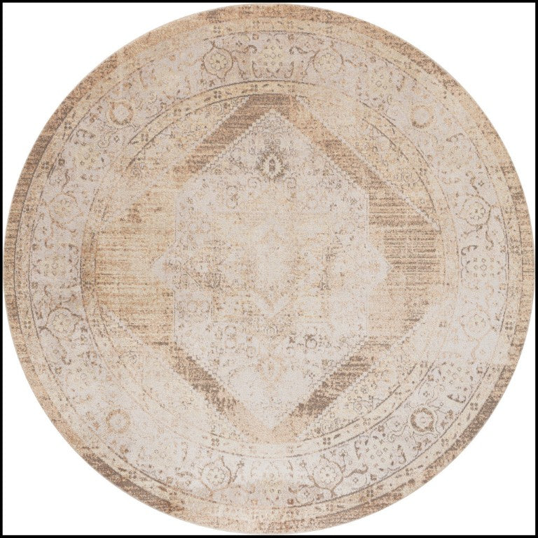 HomeRoots 8 Foot Round Floral Medallion Polyester Area Rug with Distressed Vintage Appeal 554944