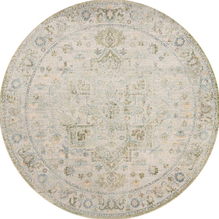HomeRoots 8 Ft Round Floral Medallion Area Rug Bohemian Distressed Polyester Low Pile Indoor 554950