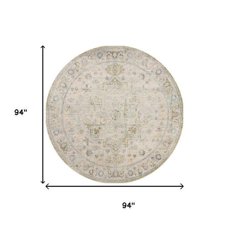 HomeRoots 8 Ft Round Floral Medallion Area Rug Bohemian Distressed Polyester Low Pile Indoor 554950