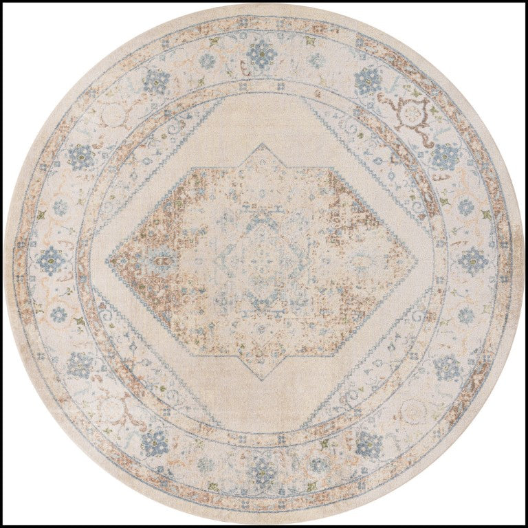 HomeRoots 8 Ft Round Floral Medallion Area Rug Distressed Bohemian Polyester Low Pile Accent 554956