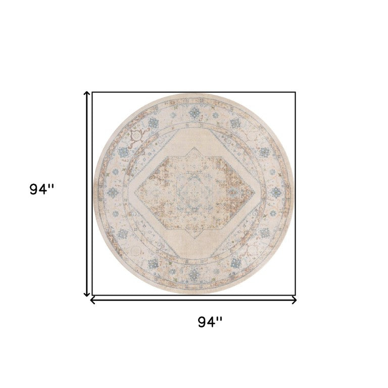 HomeRoots 8 Ft Round Floral Medallion Area Rug Distressed Bohemian Polyester Low Pile Accent 554956