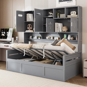 English Elm Twin Size Wooden Daybed With Hydraulic Lift & Integrated Storage Cabinet For Space-Saving Style N820S00046E-GIGA