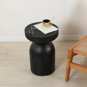 English Elm Solid Mango Wood Round Accent Table Hand Burned Finish Sculptural Plant Stand Nightstand W347P430101