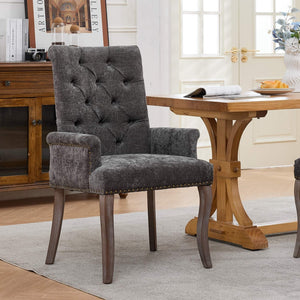 English Elm Upholstered Chenille Club Dining Chair Tufted High Back with Curved Solid Wood Legs Gray W1143P449348