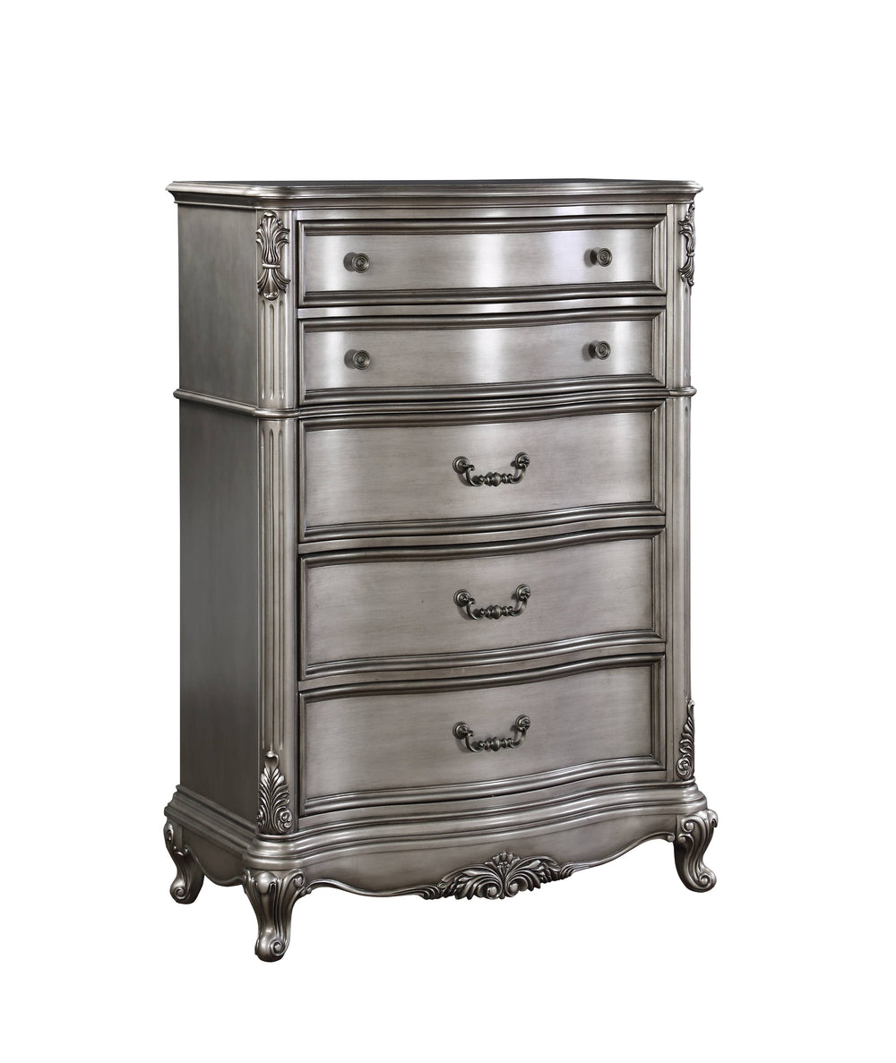 English Elm Ariadne Elegant Antique Platinum Finish Dresser with Tufted Scroll Trim and Durable Full-Extension Drawers Antique Silver 59.84 L x 22.44 W x 43.5 H B2726P247261