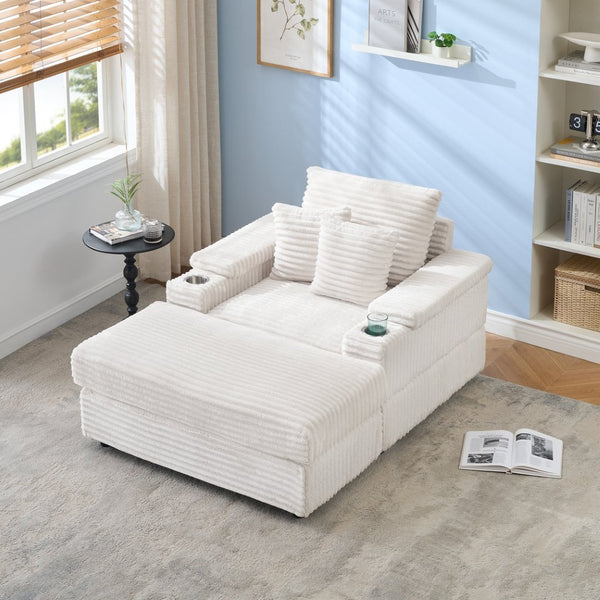 English Elm This Corduroy Single Seat Armchair with Storage Ottoman and Built-in Cup Holders White W1278S00078