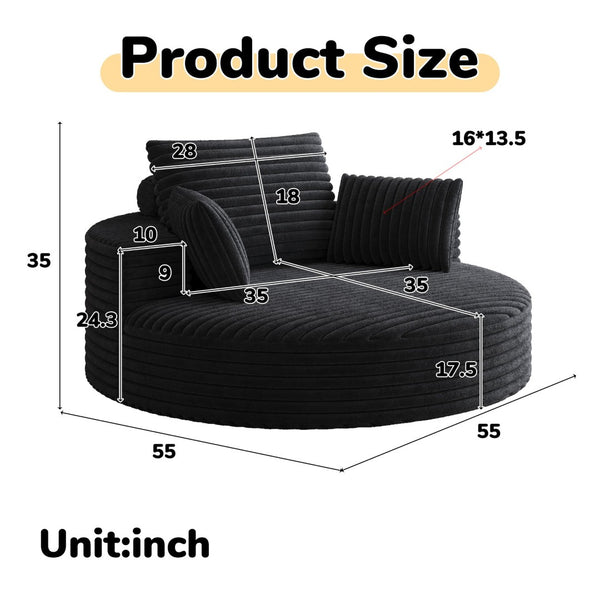 English Elm 55''l 55'l Faux Rabbit Fur Corduroy Swivel Lounge Chair Cloud Foam Seat for Bedroom Black W834S00448