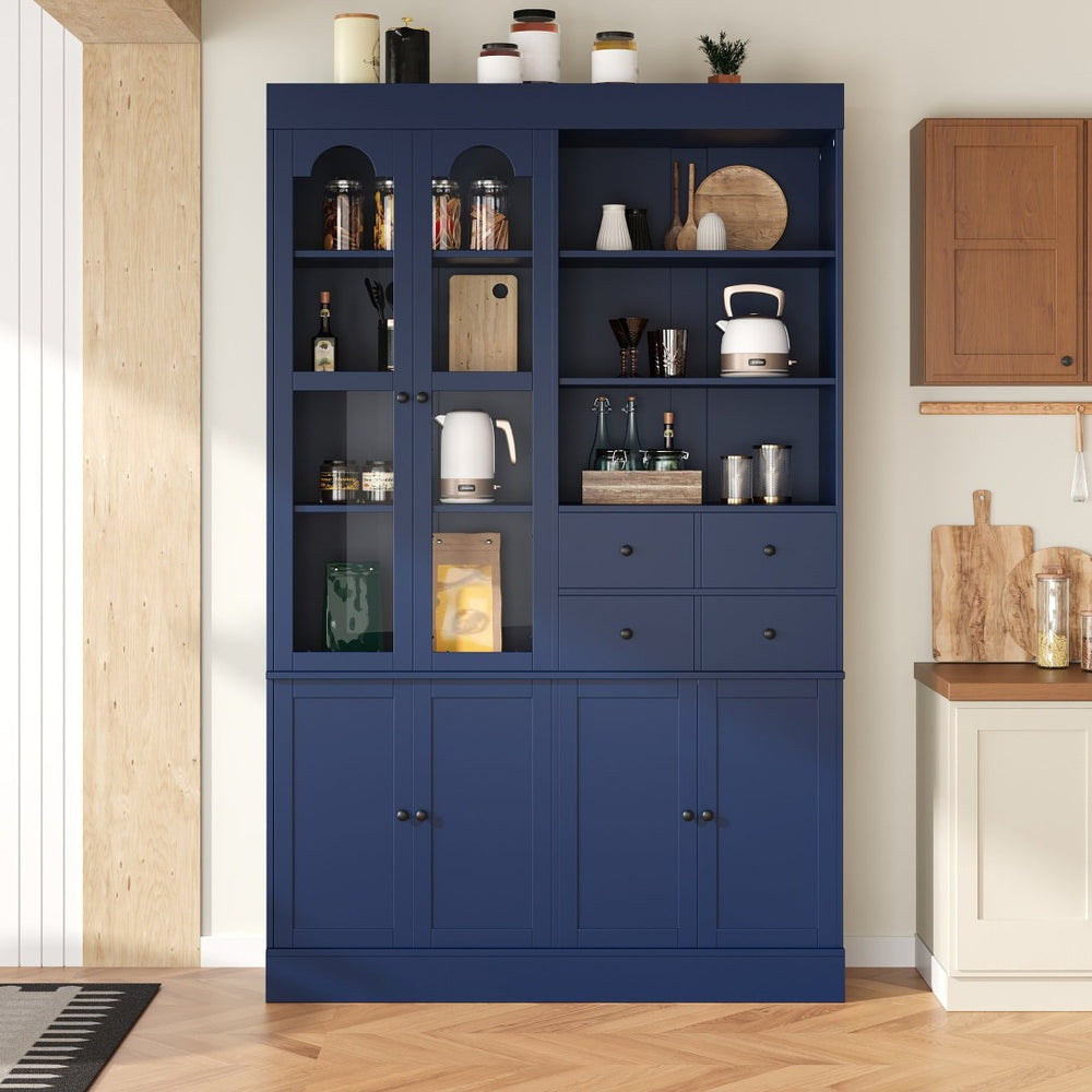 English Elm Topmax Shaker Buffet Hutch with Glass Doors Drawers and Pull-out Trays Blue SP000092AAC