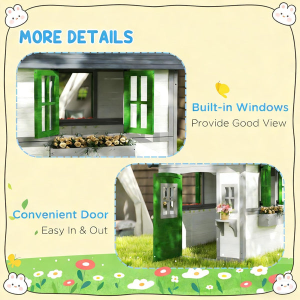 English Elm Wooden Fir Outdoor Kids Playhouse Cottage with Serving Station and Ventilating Windows T3971P442827