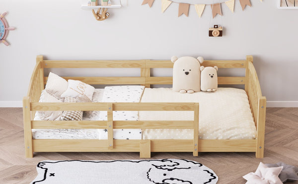 English Elm Twin Montessori Floor Bed Solid Pine Frame with Safety Guardrails for Kids Bedroom Natural N733P400298N