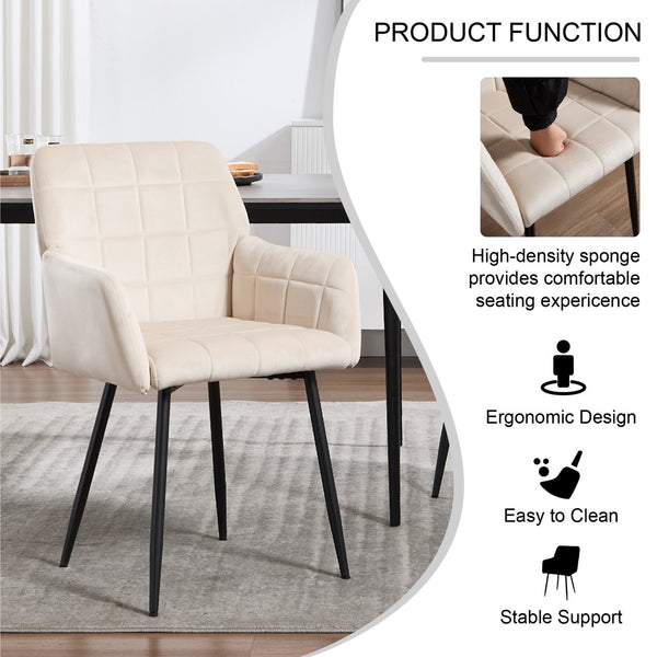 English Elm Dining Velvet Upholstered Chairs Set of 2 with Armrests, Sturdy Metal Legs, Anti-Slip Protectors, Stylish Comfort for Dining Room Cream W3112P254925