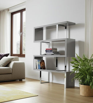 HomeRoots 67" Stylish Gray & Silver Three-Tier Etagere Bookcase - Modern Metal & Wood Storage Solution for Any Space 555007