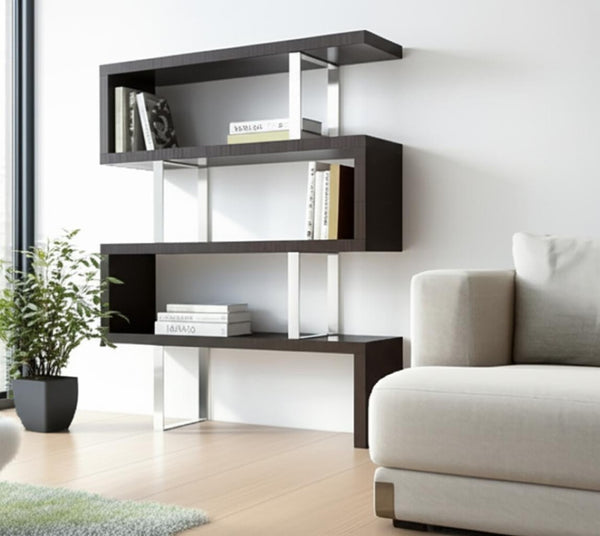 HomeRoots 67" Sleek Black and Silver Metal and Wood Etagere Bookcase - Modern Three-Tiered Storage Solution 555008