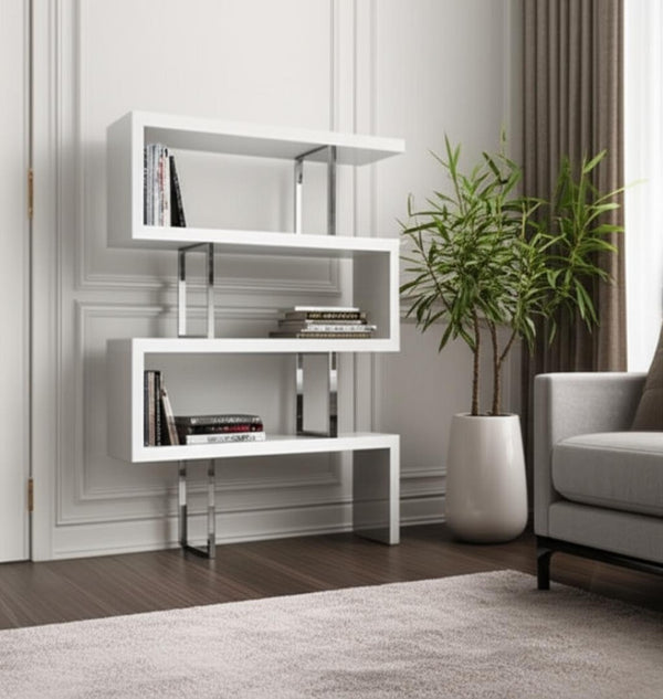 HomeRoots 67" Stylish White and Silver Three-Tier Etagere Bookcase - Modern Metal and Wood Design for Space-Saving 555009
