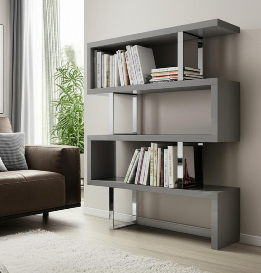 HomeRoots 67" Gray Wood & Silver Metal Three-Tier Etagere Bookcase – Modern Zig-Zag Design for Stylish Storage 555010