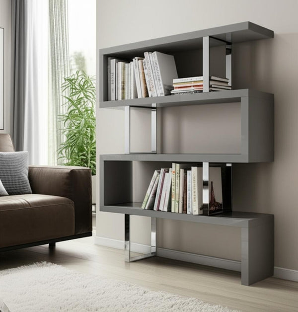 HomeRoots 67" Gray Wood & Silver Metal Three-Tier Etagere Bookcase – Modern Zig-Zag Design for Stylish Storage 555010