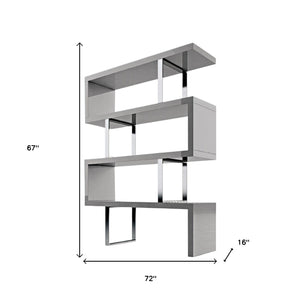 HomeRoots 67" Gray Wood & Silver Metal Three-Tier Etagere Bookcase – Modern Zig-Zag Design for Stylish Storage 555010
