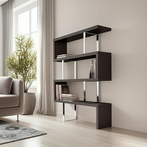 HomeRoots 67" Modern Espresso and Silver Metal Three-Tier Etagere Bookcase for Stylish Storage & Display 555011