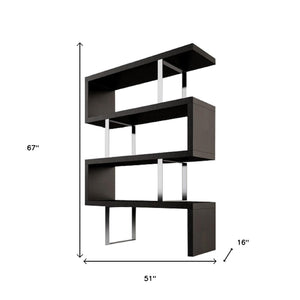 HomeRoots 67" Modern Espresso and Silver Metal Three-Tier Etagere Bookcase for Stylish Storage & Display 555011