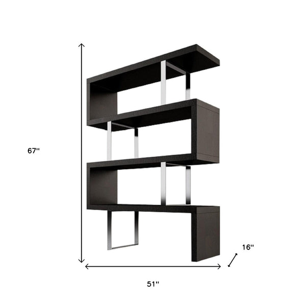 HomeRoots 67" Modern Espresso and Silver Metal Three-Tier Etagere Bookcase for Stylish Storage & Display 555011