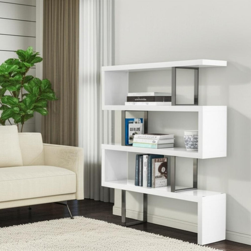 HomeRoots 67" Contemporary White and Silver Metal Etagere Bookcase with Three Tiers for Stylish Storage Solutions 555012