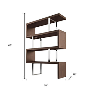 HomeRoots 67" Versatile Brown and Silver Metal Etagere Bookcase - Stylish Three-Tier Zig-Zag Design for Any Space 555013