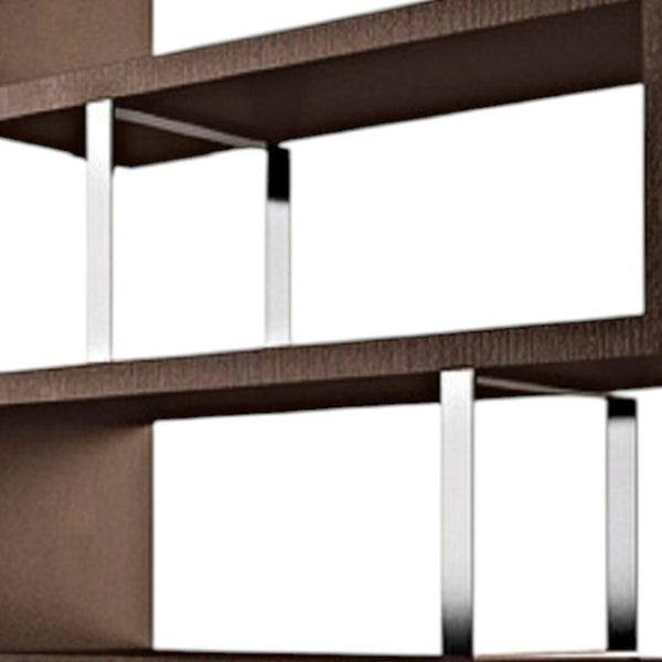 HomeRoots 67" Versatile Brown and Silver Metal Etagere Bookcase - Stylish Three-Tier Zig-Zag Design for Any Space 555013