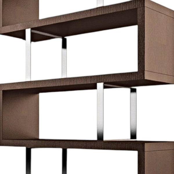 HomeRoots 67" Versatile Brown and Silver Metal Etagere Bookcase - Stylish Three-Tier Zig-Zag Design for Any Space 555013